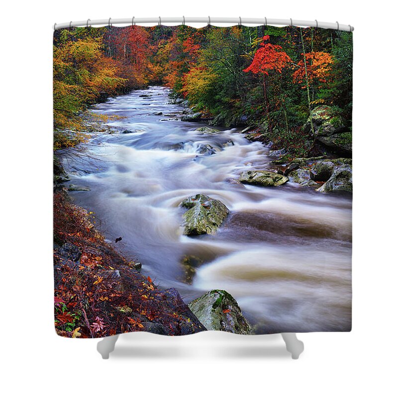 Great Smoky Mountains National Park Shower Curtain featuring the photograph A River Runs Through Autumn by Greg Norrell
