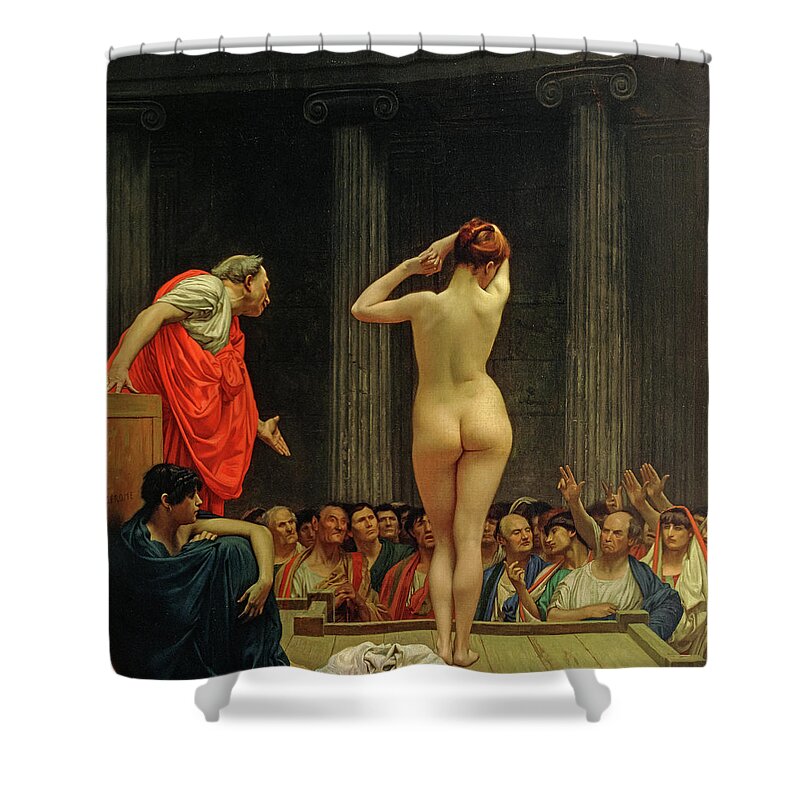 Jean Leon Gerome Shower Curtain featuring the painting A Roman Slave Market, 1884 by Jean-Leon Gerome