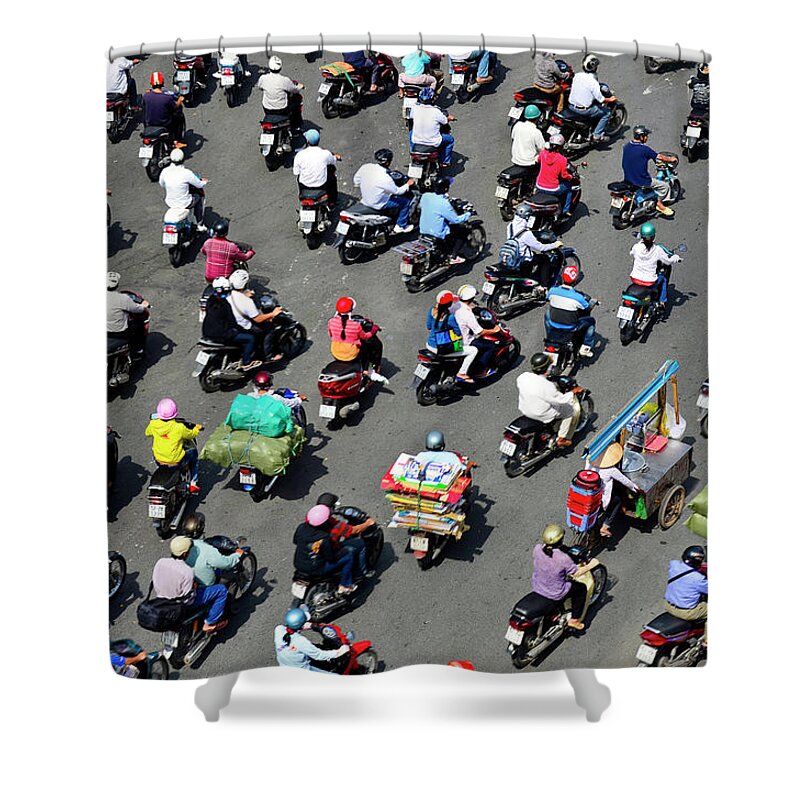 Ho Chi Minh City Shower Curtain featuring the photograph A Sea Of Mopeds During Rush Hour In by Rwp Uk