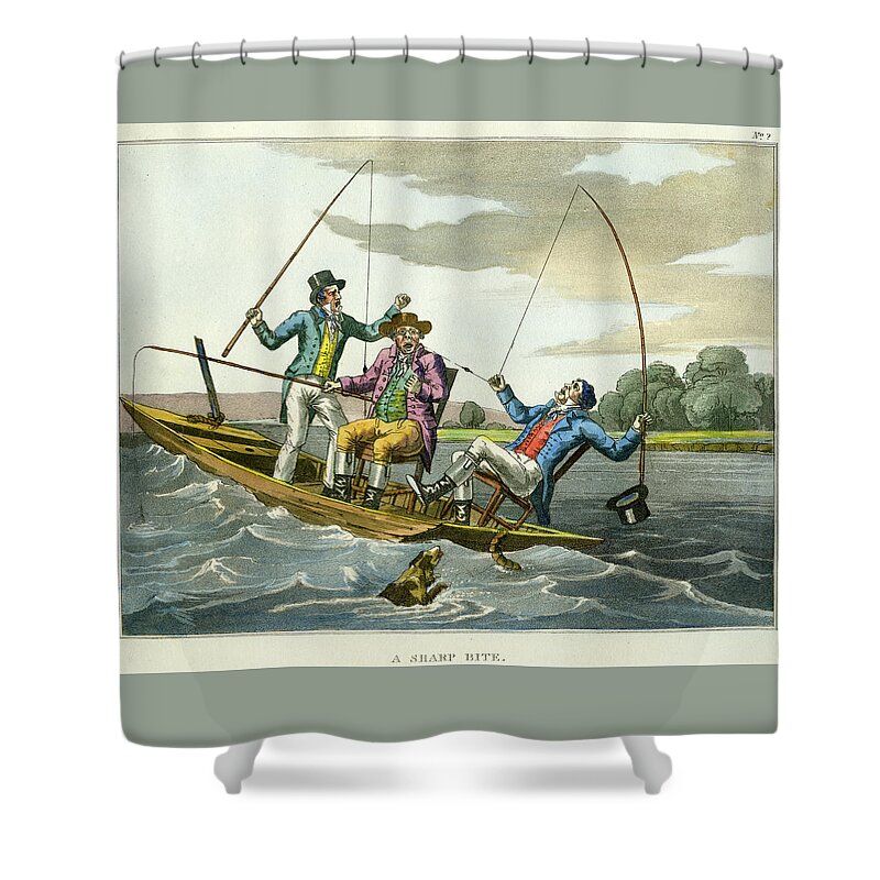 Fishing Shower Curtain featuring the mixed media A Sharp Bite by unsigned attributed to Edward Barnard