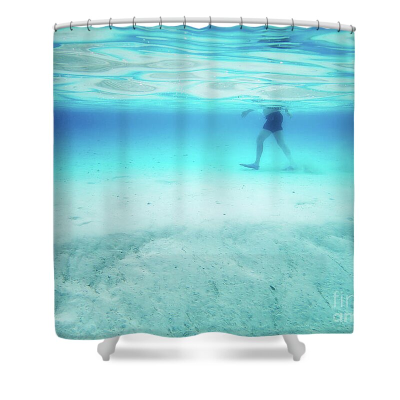 Aitutaki Shower Curtain featuring the photograph A Stroll Through Blue Heaven by Becqi Sherman