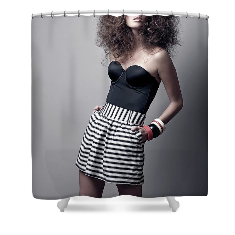 People Shower Curtain featuring the photograph A Trendy Fashion Model Wearing A Skirt by Alejandrophotography