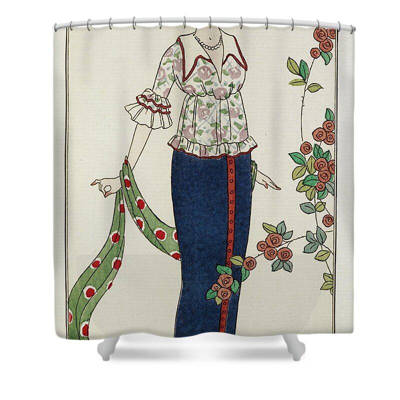 Barbier Shower Curtain featuring the painting A Woman Wearing A Summer Blouse And Skirt She Holds A Green Scarf She Wears A Hat With A Feather by Georges Barbier