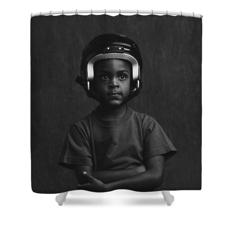 4-5 Years Shower Curtain featuring the photograph A Young Boy 4-6 Wearing A Football by Stockbyte