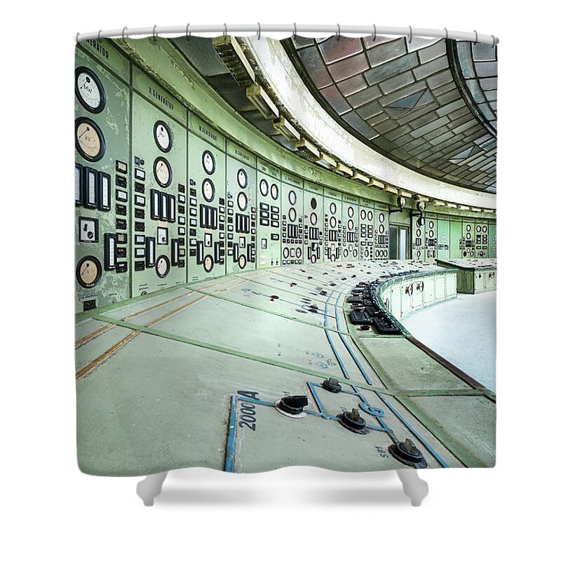 Urban Shower Curtain featuring the photograph Abandoned Art Deco Control Room by Roman Robroek