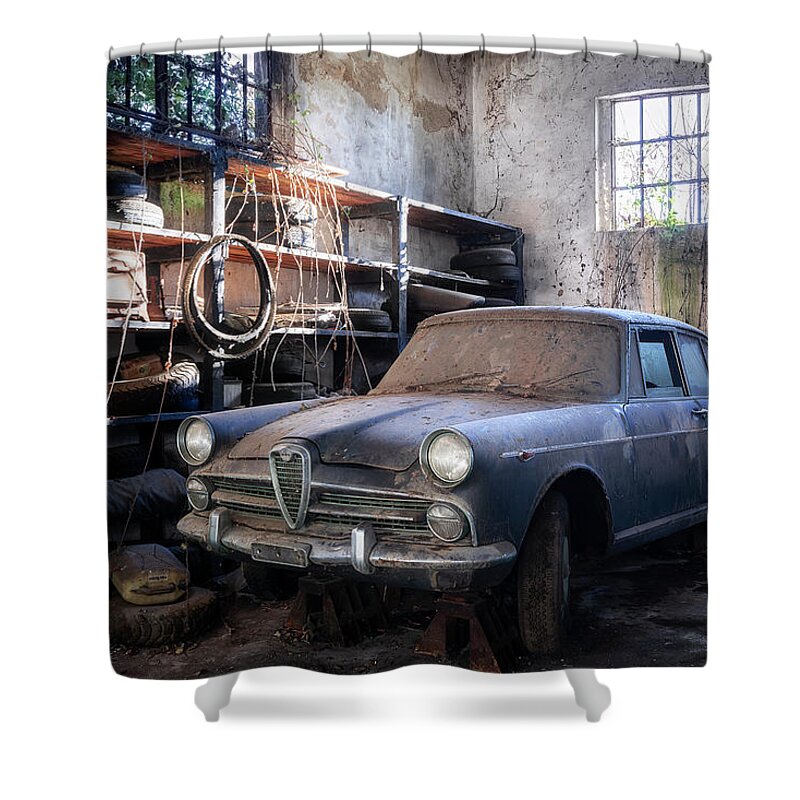Urban Shower Curtain featuring the photograph Abandoned Car in Garage by Roman Robroek