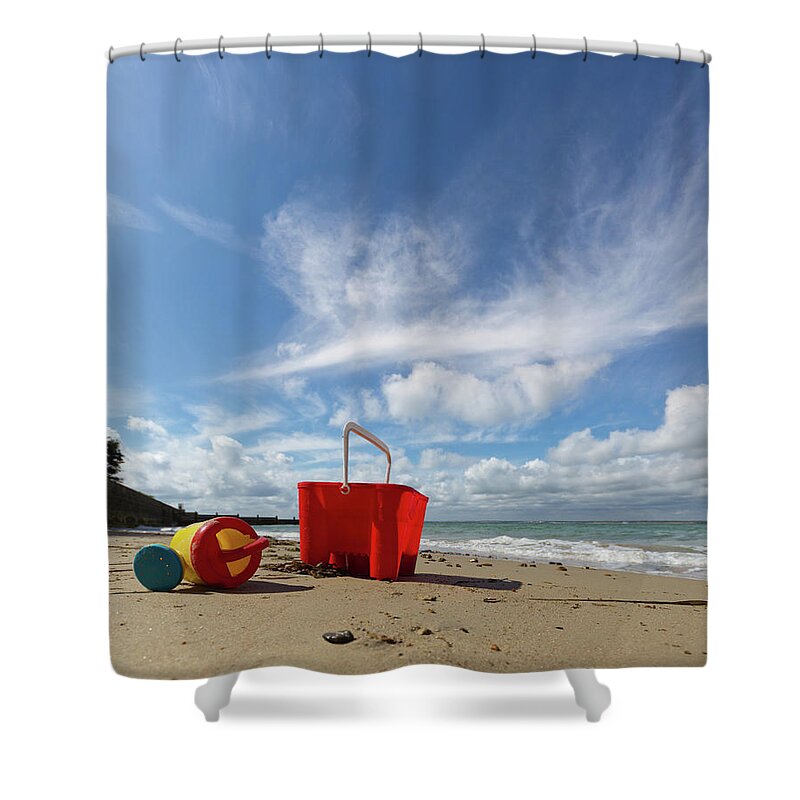 Water's Edge Shower Curtain featuring the photograph Abandoned Sandcastle Blues by S0ulsurfing - Jason Swain