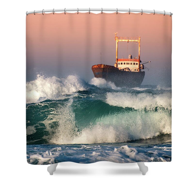 Sea Shower Curtain featuring the photograph Abandoned Ship and the stormy waves by Michalakis Ppalis