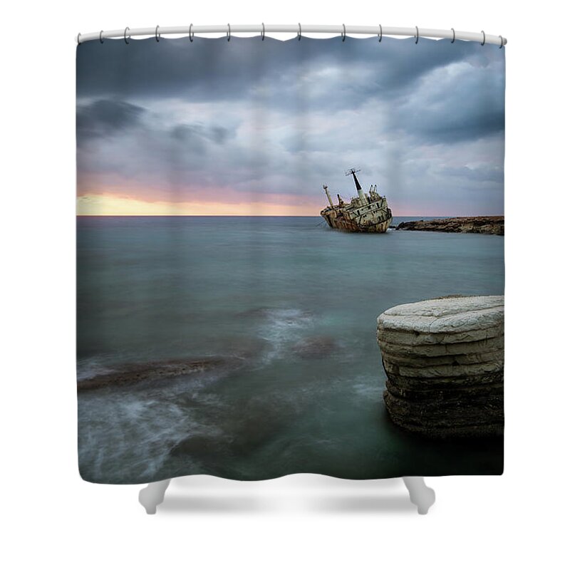 Seascape; Coastline; Sunset; Sundown Shower Curtain featuring the photograph Abandoned Ship EDRO III Cyprus by Michalakis Ppalis