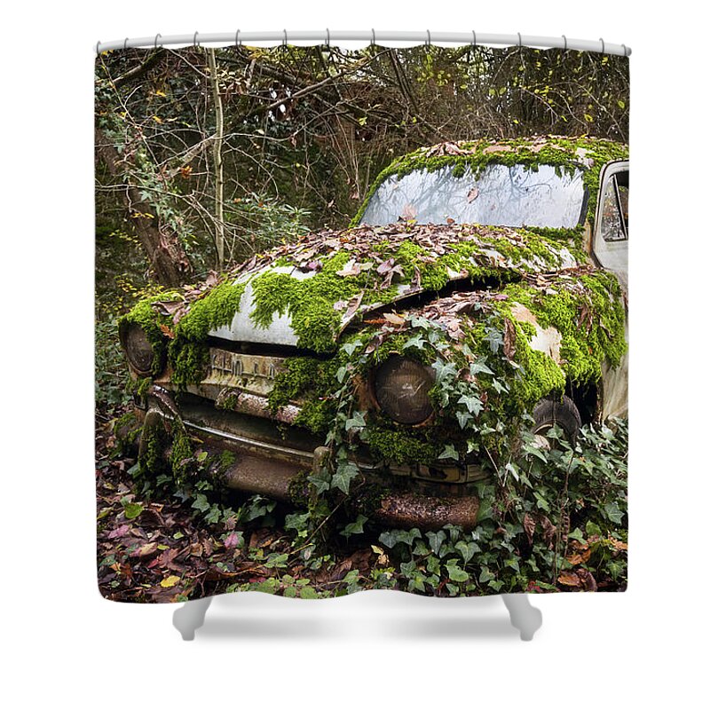 Urban Shower Curtain featuring the photograph Abandoned Simca Car in the Woods by Roman Robroek