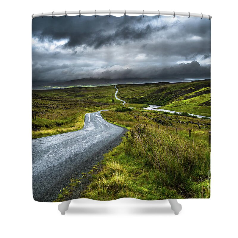 Abandoned Shower Curtain featuring the photograph Abandoned Single Track Road Through Scenic Hills On The Isle Of Skye In Scotland by Andreas Berthold
