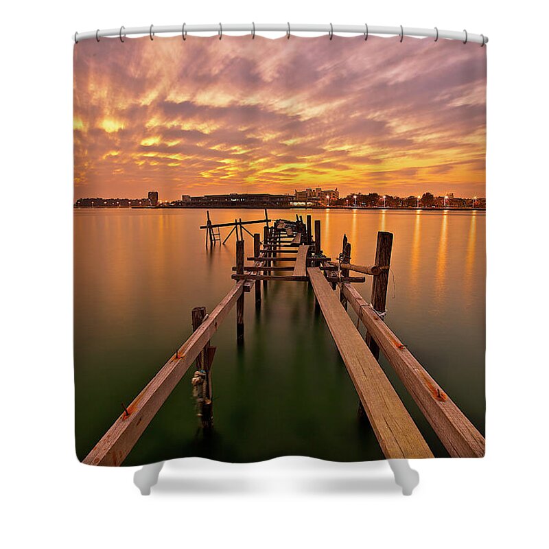 Tranquility Shower Curtain featuring the photograph Abandoned Wooden Pier At Dusk by Sunrise@dawn Photography