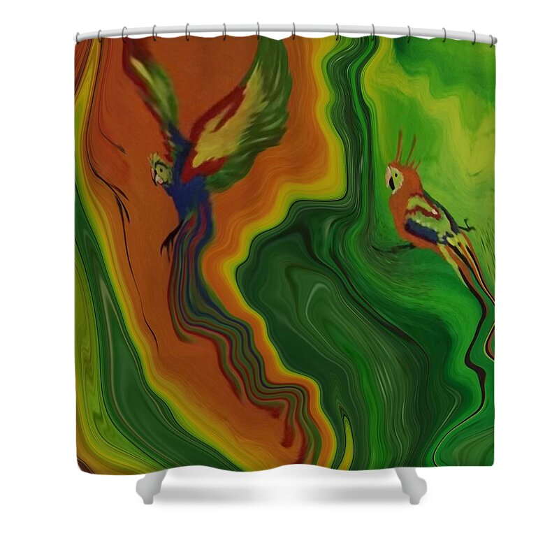 Abstract Shower Curtain featuring the painting Abstract Art - Colorful Fluid Painting Pattern with Parrots by Patricia Piotrak