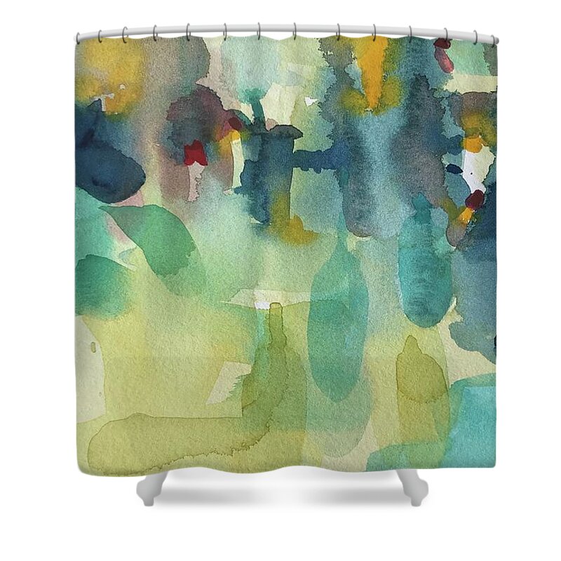 Abstract Shower Curtain featuring the painting Abstract Greens and Blues by Luisa Millicent