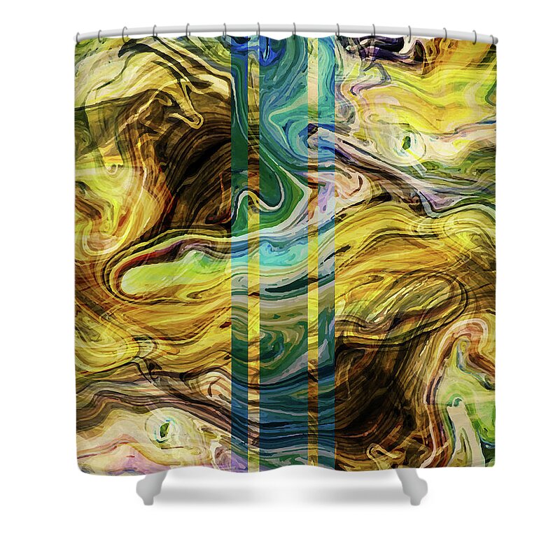Abstract Shower Curtain featuring the mixed media Abstract Painting - Fluid Painting 02 - Yellow, Brown, Gold, Blue - Modern Abstract Painting - Flow by Studio Grafiikka