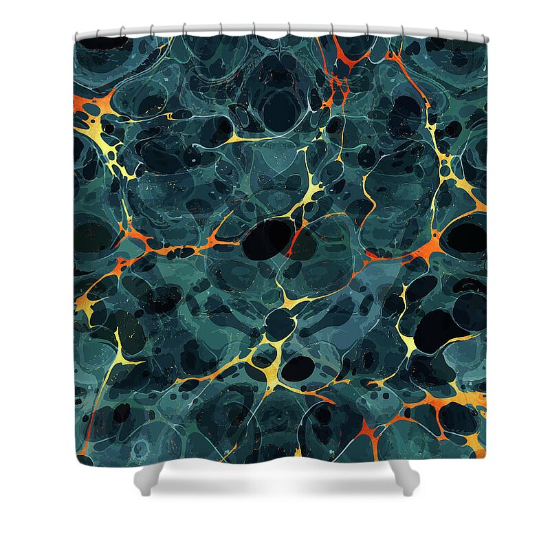 Abstract Shower Curtain featuring the mixed media Abstract Painting - Marbling art 06- Fluid Painting - Blue, Gold Abstract - Modern Abstract by Studio Grafiikka