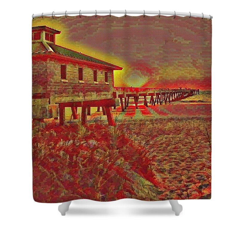 Jacksonville Beach Shower Curtain featuring the digital art Abstract Version of the Jacksonville Beach Pier by Teresa Trotter