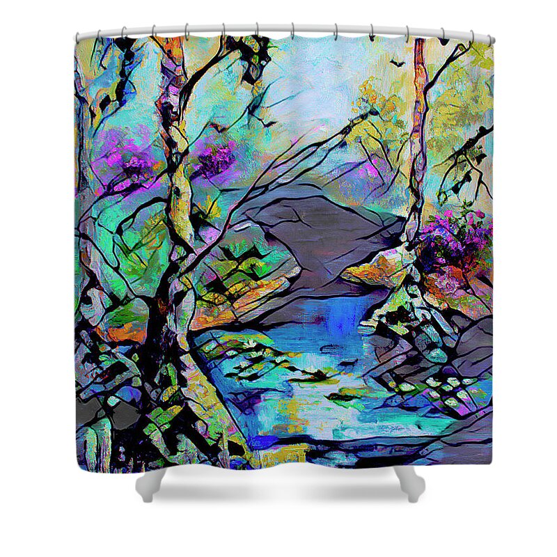 Abstract Art Shower Curtain featuring the mixed media Abstract Wetland Trees and River by Ginette Callaway