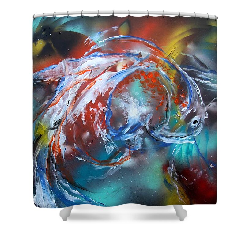 Fish Shower Curtain featuring the painting Abstract White Tri Fantail Goldfish by J Vincent Scarpace