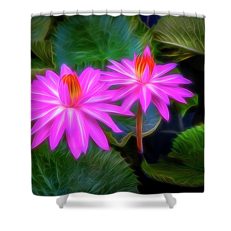 Water Lilies Shower Curtain featuring the digital art Abstracted Water Lilies by Endre Balogh