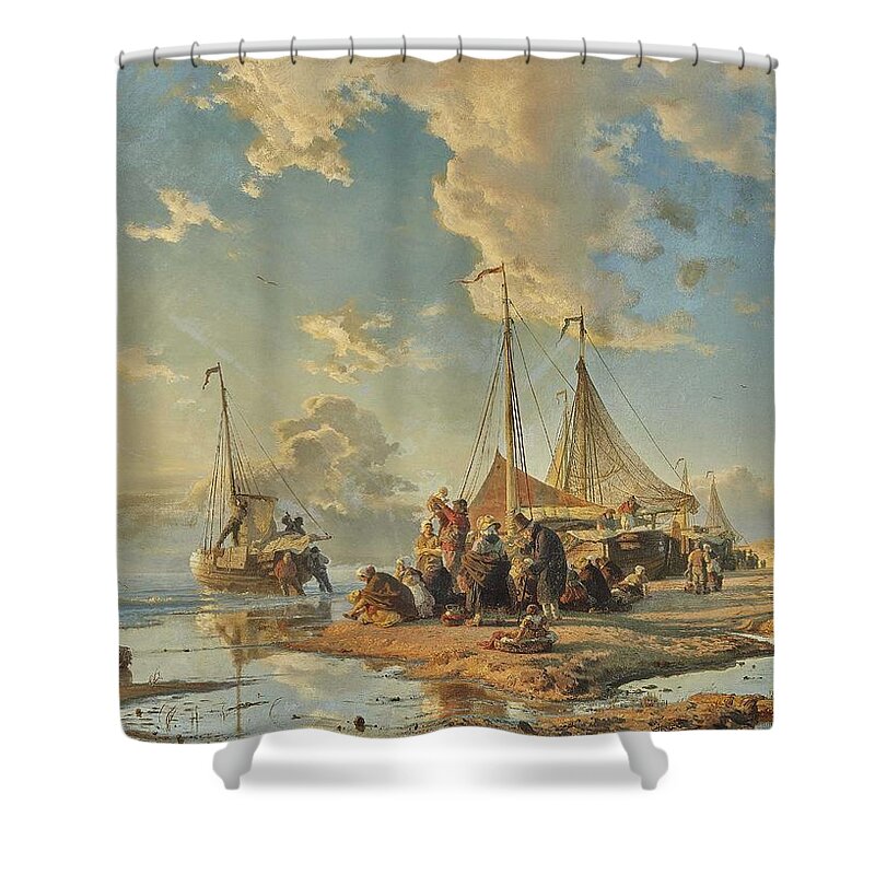 Commercial Shower Curtain featuring the painting ACHENBACH, ANDREAS Dutch Fishermen after the Catch by Celestial Images