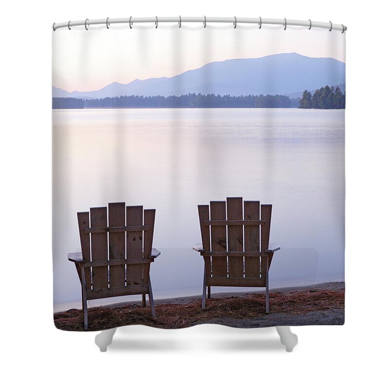 Tranquility Shower Curtain featuring the photograph Adirondack Chairs On Millinocket Lake by Franz Marc Frei