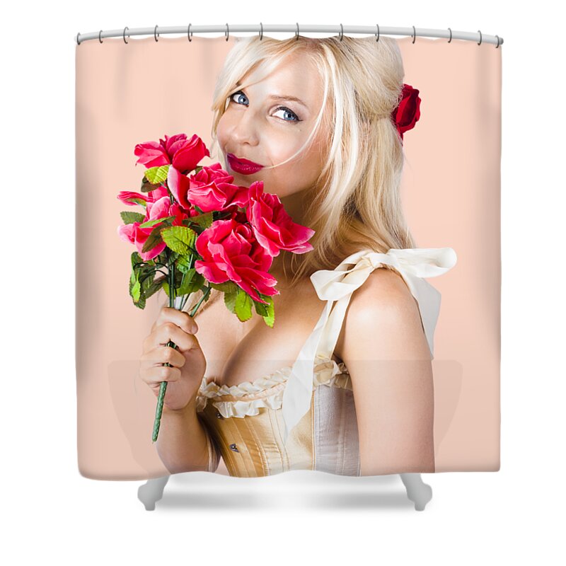 Romantic Shower Curtain featuring the photograph Adorable florist woman smelling red flowers by Jorgo Photography