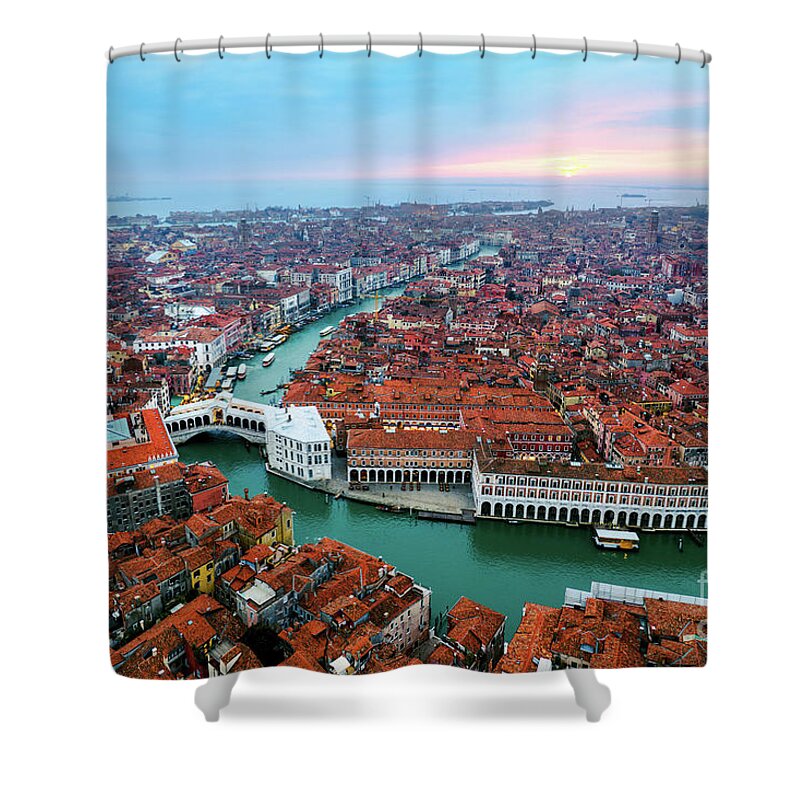Venice Shower Curtain featuring the photograph Aerial of Rialto bridge at sunset, Venice by Matteo Colombo