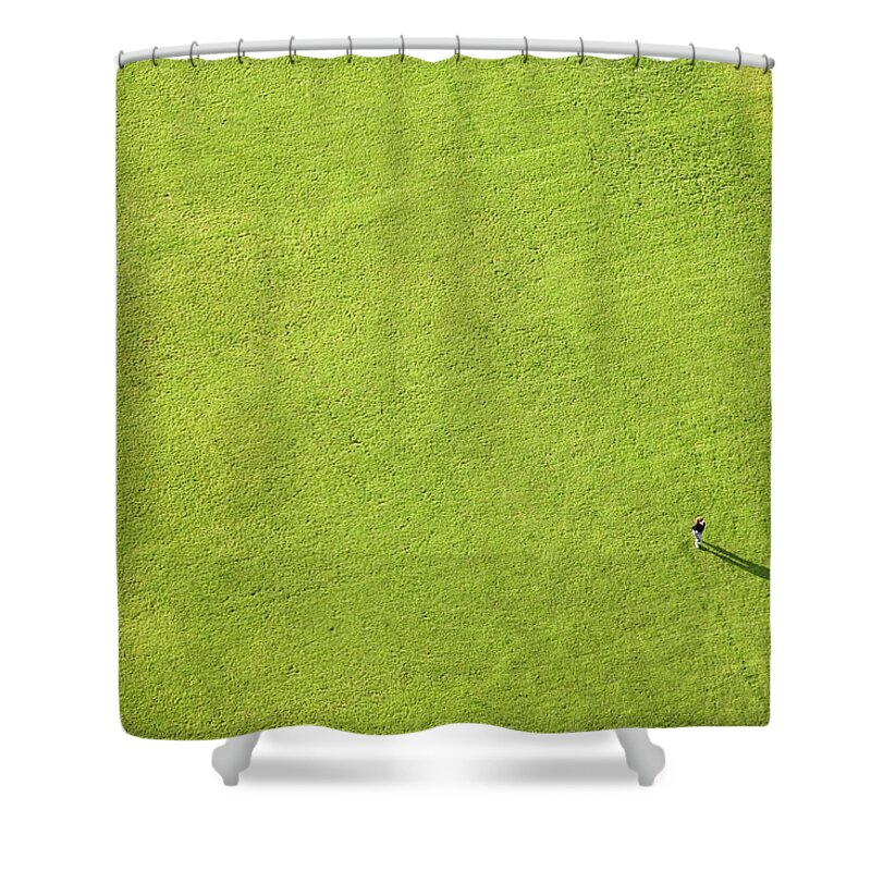 People Shower Curtain featuring the photograph Aerial View Of Large Green Lawn, People by Gravity Images