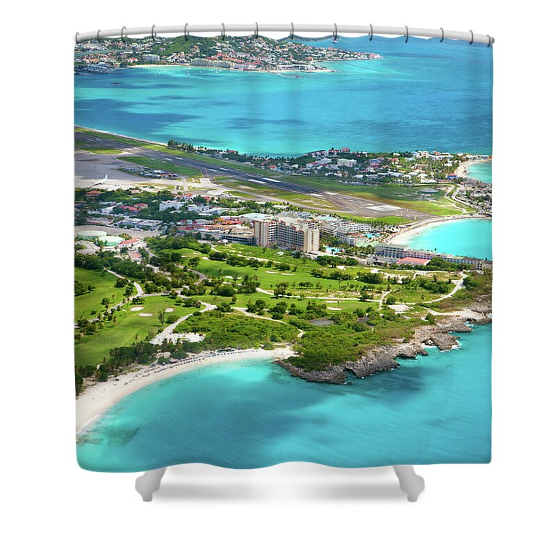 Water's Edge Shower Curtain featuring the photograph Aerial View Of The Airport In Dutch by Cdwheatley