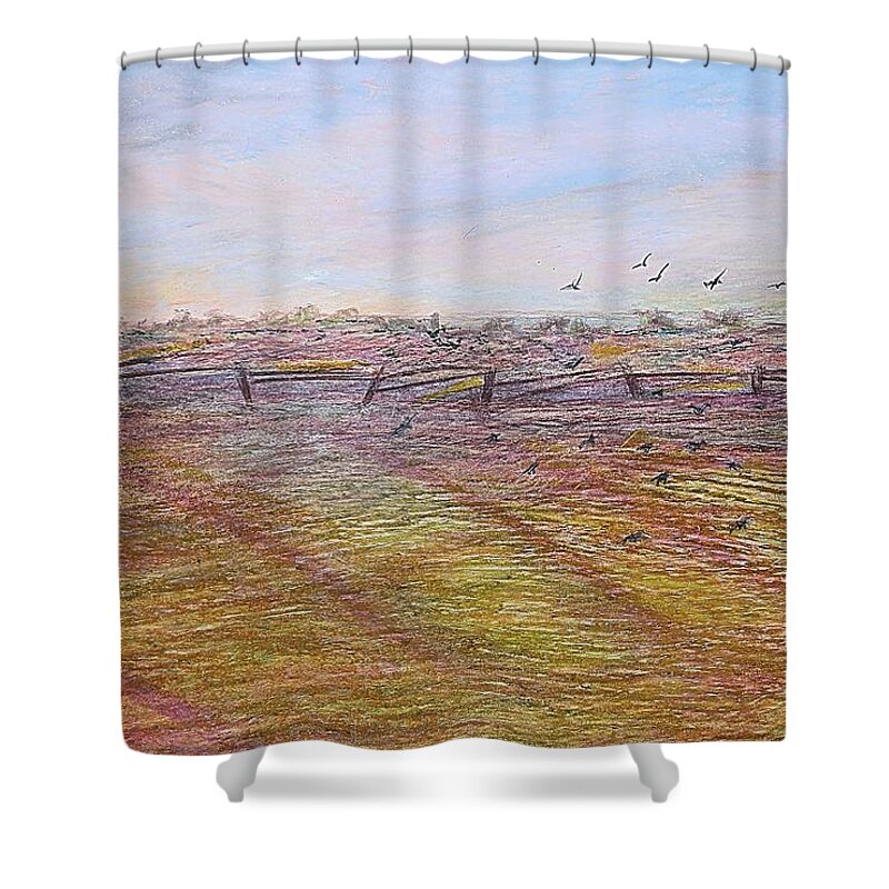 Landscape Shower Curtain featuring the painting After the harvest by Norma Duch