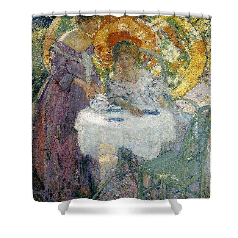 Girl Shower Curtain featuring the painting Afternoon Tea 1910 Richard Emile Miller by Richard Emile Miller