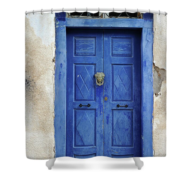 Architectural Feature Shower Curtain featuring the photograph Aged Blue Door by Grigoriosmoraitis
