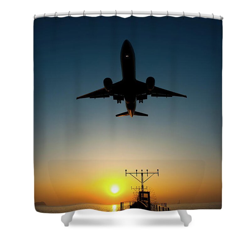 Outdoors Shower Curtain featuring the photograph Airplane Landing At Hk International by Photography By W.t.lai