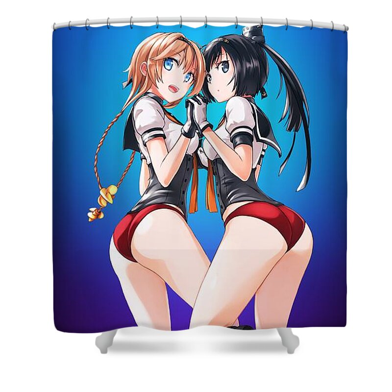 High Resolution Shower Curtain featuring the drawing Akizuki and Teruzuki KanColle Ultra HD by Hi Res