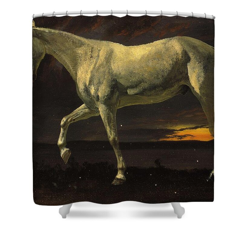 Horse Shower Curtain featuring the painting Albert_Bierstadt_-_White_Horse_and_Sunset by Albert Bierstadt