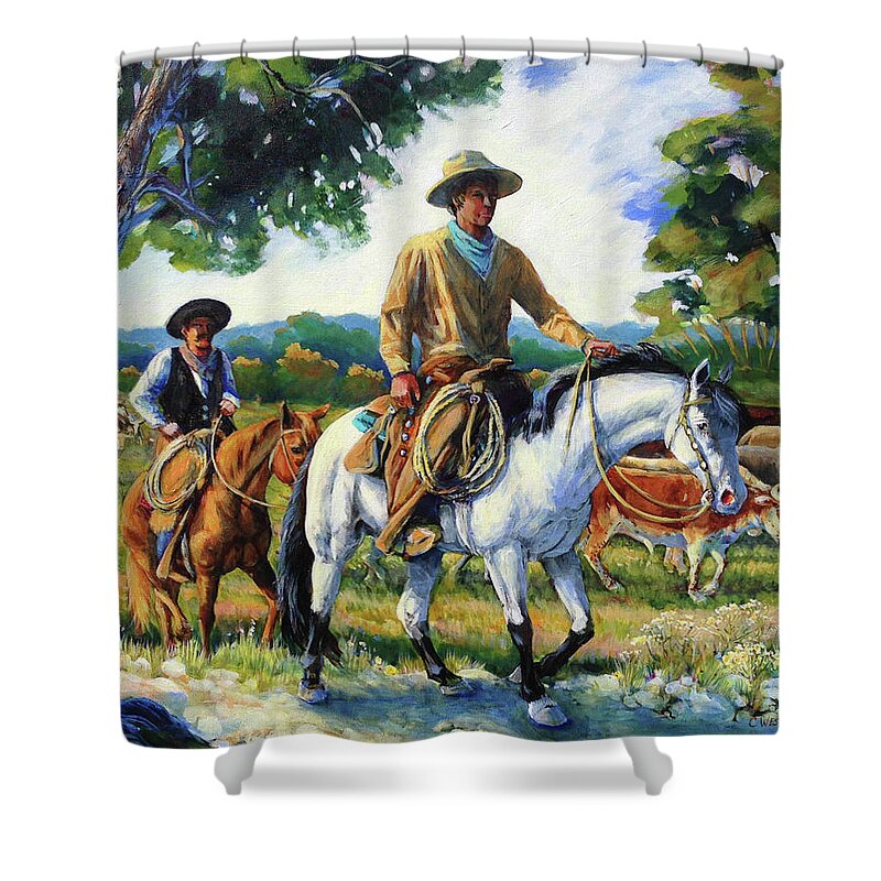 Chisholm Trail Shower Curtain featuring the painting Almost to the Red River Station in Montague County by Cynthia Westbrook