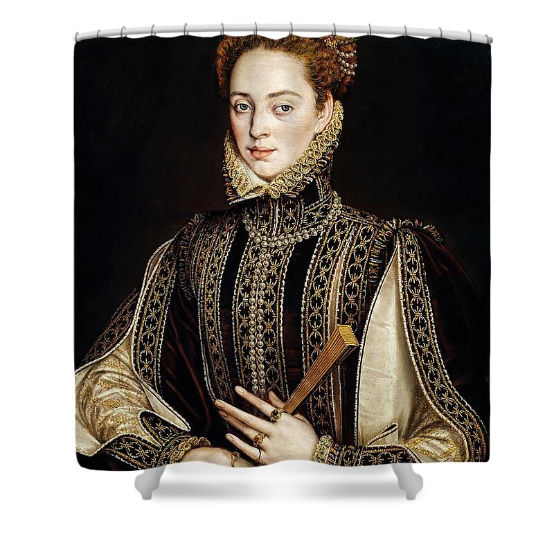 Alonso Sanchez Coello Shower Curtain featuring the painting Alonso Sanchez Coello / 'Lady with Fan', 1570-1573, Spanish School, Oil on panel. by Alonso Sanchez Coello -1531-1588-