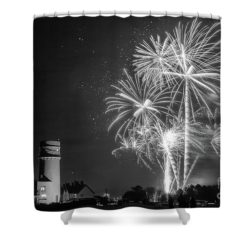 Norfolk Shower Curtain featuring the photograph Norfolk lighthouse and fireworks by Simon Bratt