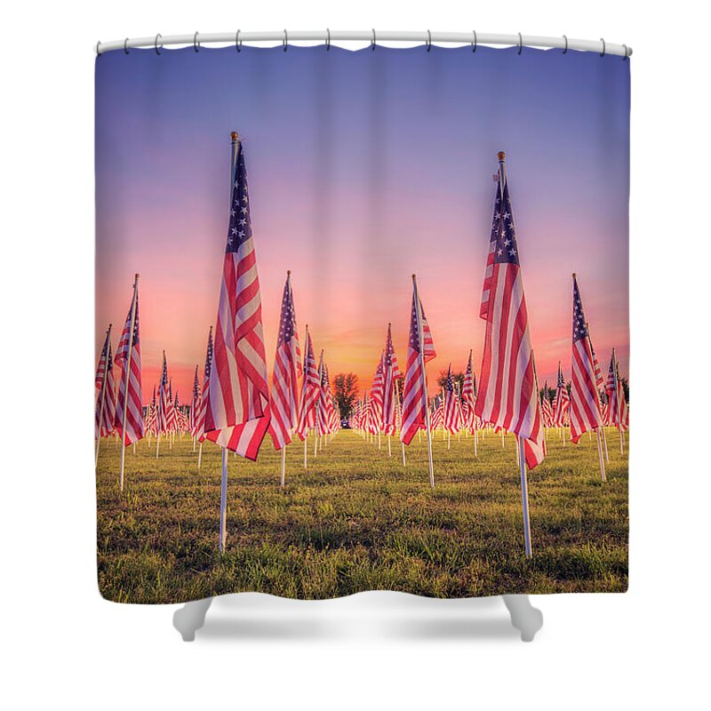 Grass Shower Curtain featuring the photograph American Flags At Sunset by Malcolm Macgregor
