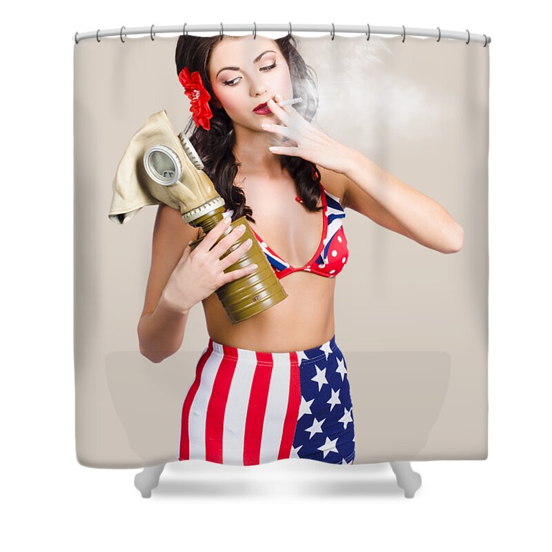 Soldier Shower Curtain featuring the photograph American military pin up girl holding gasmask by Jorgo Photography