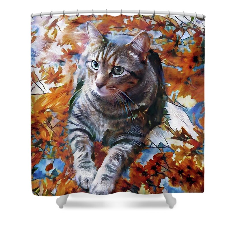 Tabby Cat Shower Curtain featuring the digital art Amos in Flowers by Peggy Collins