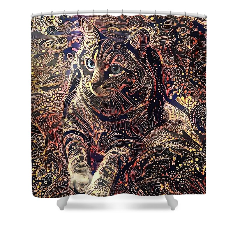Tabby Cat Shower Curtain featuring the digital art Amos in Paisley by Peggy Collins