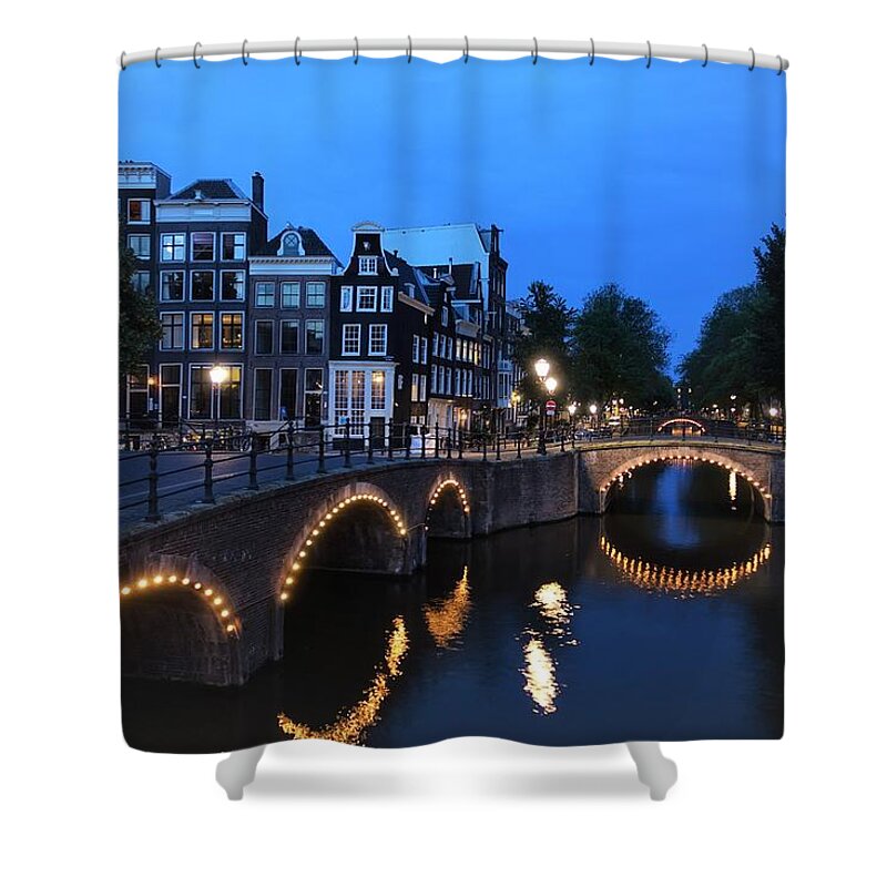 Night Shower Curtain featuring the photograph Amsterdam Canals lit up at night by Patricia Caron