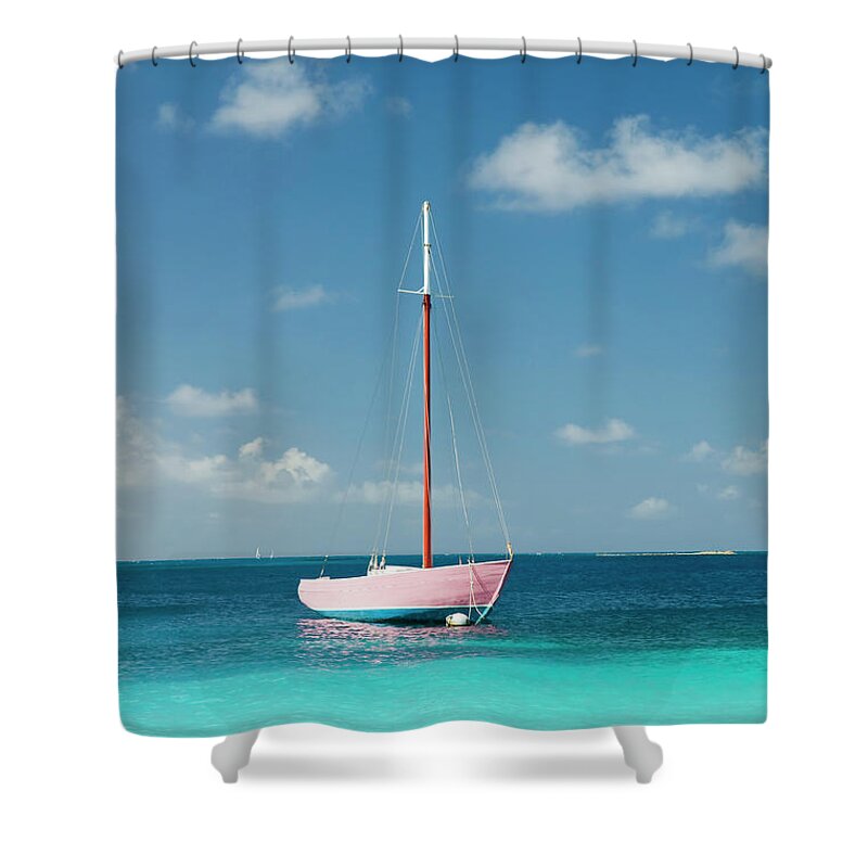 Sailboat Shower Curtain featuring the photograph Anchoring Pink Boat In Tropical Bay by Digihelion
