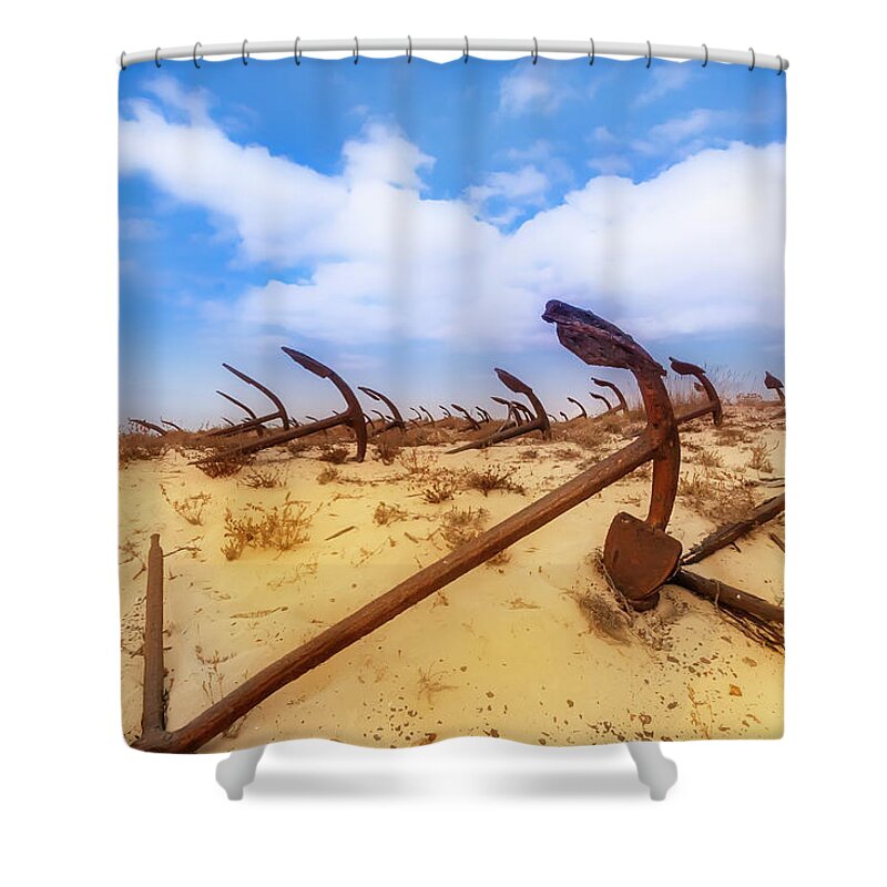 Anchors Graveyard Shower Curtain featuring the photograph Anchors graveyard by Micah Offman