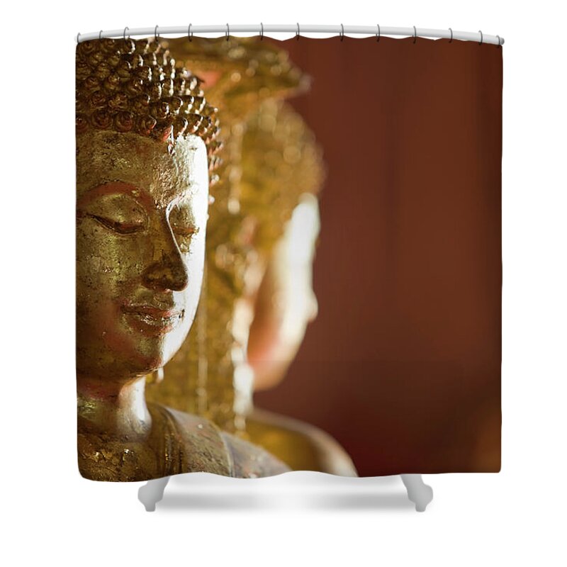 Gilded Shower Curtain featuring the photograph Ancient Buddha Images In A Thai by Enviromantic