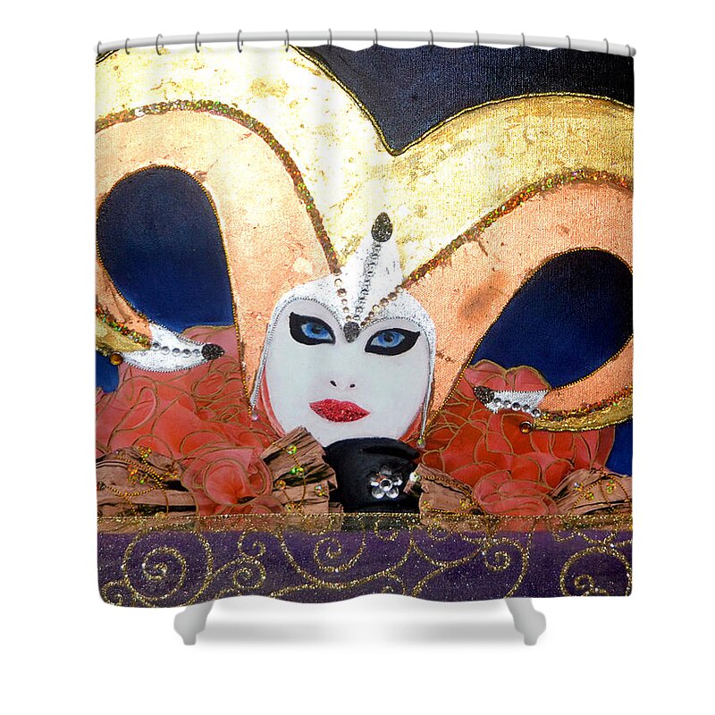 Carnival Of Venice Shower Curtain featuring the mixed media Andrea - Carnival of Venice by Anni Adkins