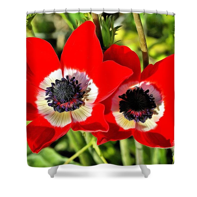 Crown Anemone; Poppy Anemone; Anemone Coronaria; Red; Anemones; Anemone; Flower; Flowers; Wild; Plant; Spring; Springtime; Season; Nature; Natural; Natural Environment; Natural World; Flora; Bloom; Blooming; Blossom; Blossoming; Color; Colour; Colorful; Colourful; Earth; Environment; Ecological; Ecology; Country; Landscape; Countryside; Scenery; Macro; Close-up; Close Up; Detail; Details; Beautiful; Beauty; Outdoor; Outside; Horizontal; Paint; Paints; Painting; Paintings Shower Curtain featuring the painting Anemones by George Atsametakis