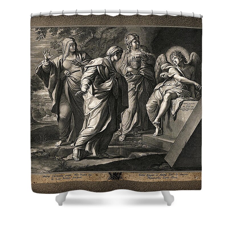 Angel Announcing The Resurrection Shower Curtain featuring the painting Angel announcing the resurrection of Christ to the three Mary's by Rolando Burbon